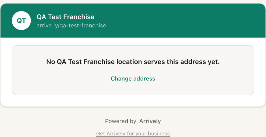 A brand booking page telling the customer that no location serves the address, with a Change address link