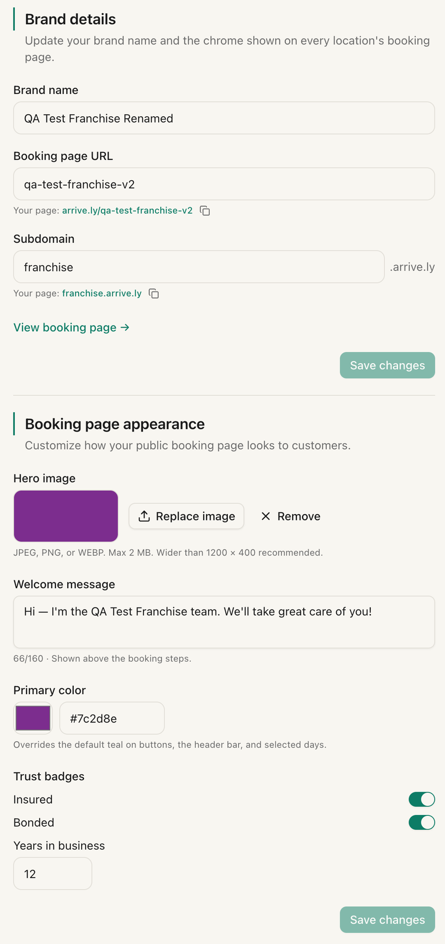 The brand dashboard showing brand details and booking page appearance settings