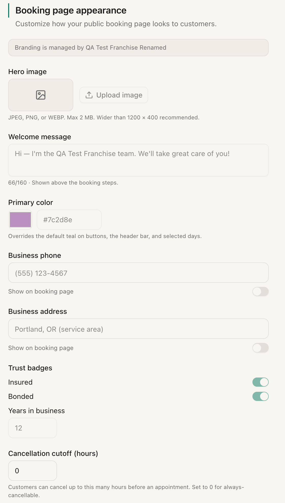 A location owner's settings page showing the brand's hero, welcome message, color, and badges locked, while phone, address, and cancellation cutoff stay editable