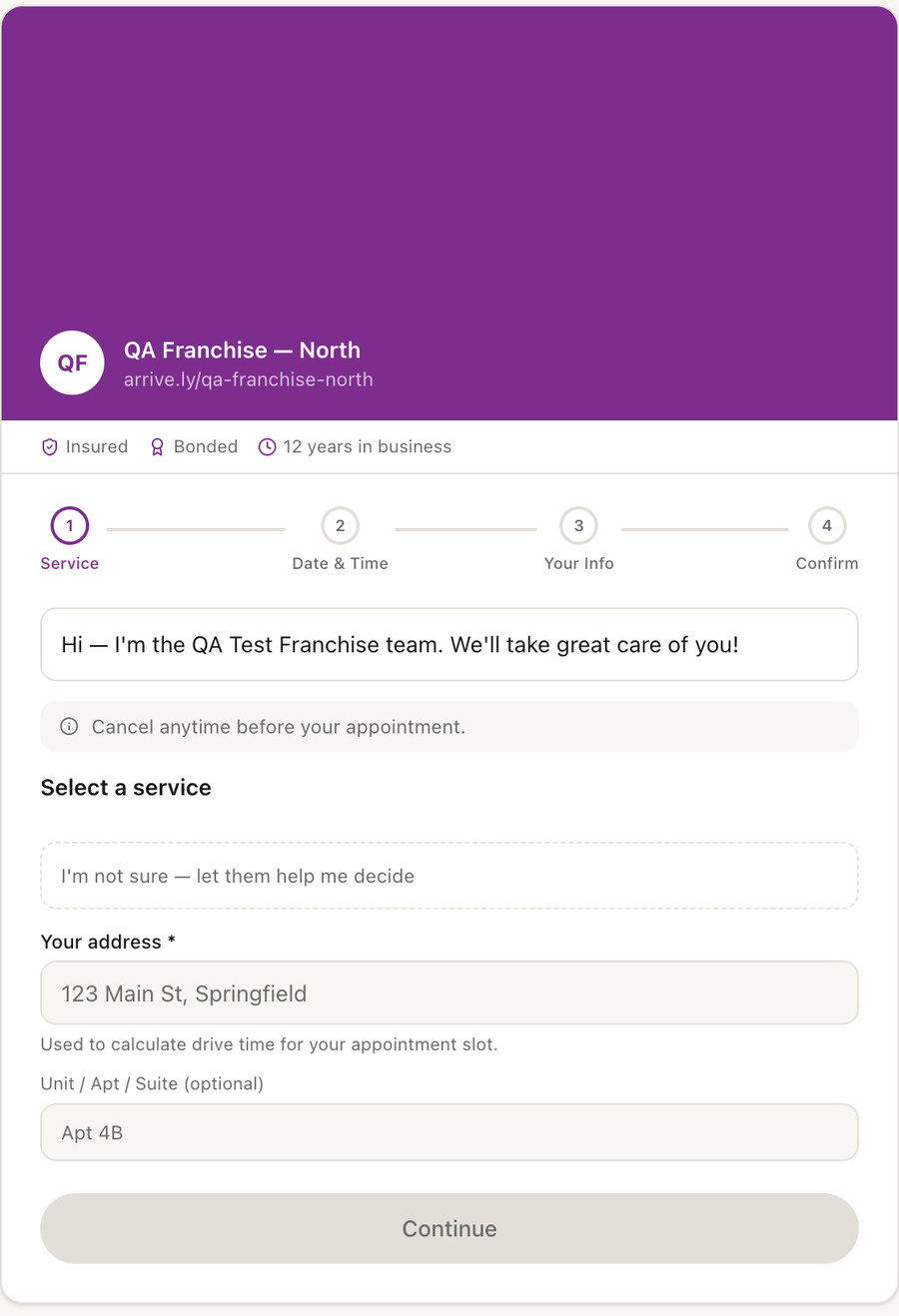 A location's booking page showing the brand's purple hero, welcome message, and trust badges